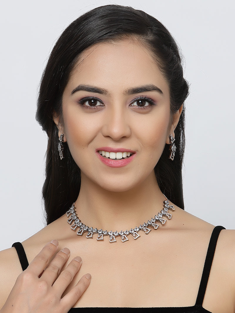 Rose Gold-Plated Gunmetal Toned White American Diamonds Studded Cordate Necklace & Earrings Jewellery Set