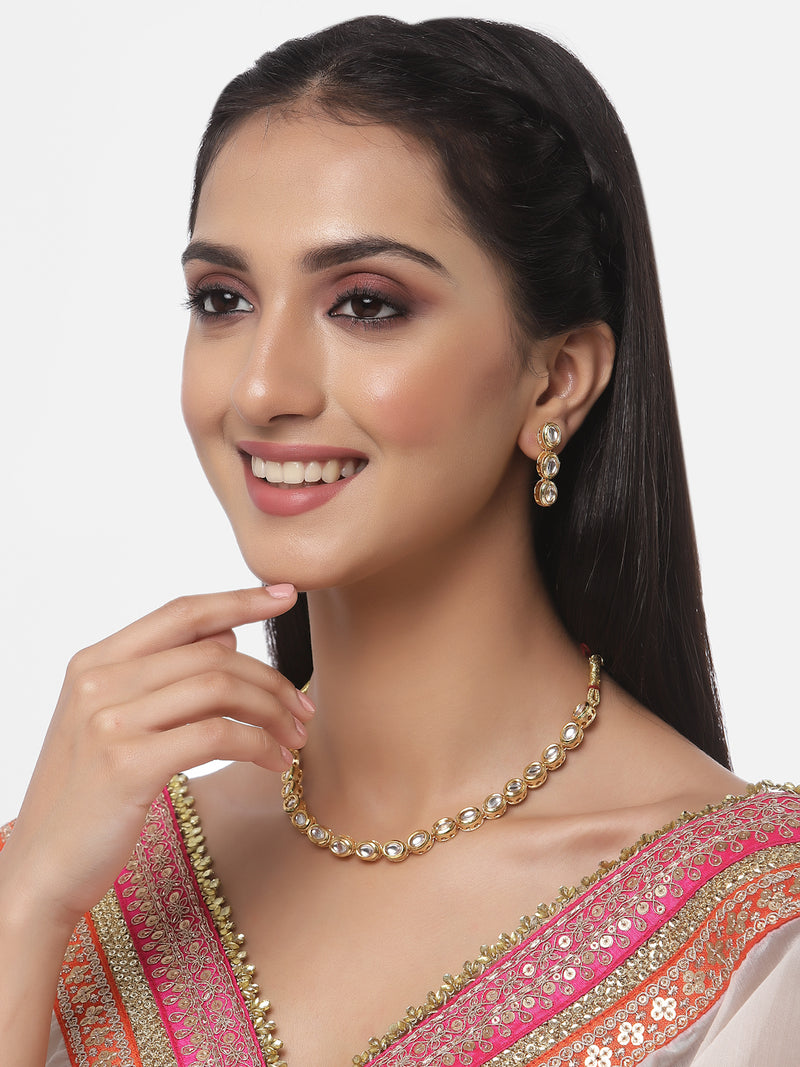 Gold-Plated White Kundan Studded Necklace with Earrings Jewellery set