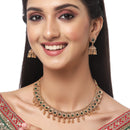 Gold-Plated Green Artificial Stone Studded Antique Necklace with Earrings Jewellery Set