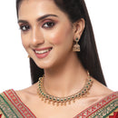 Gold-Plated Green Artificial Stone Studded Antique Necklace with Earrings Jewellery Set
