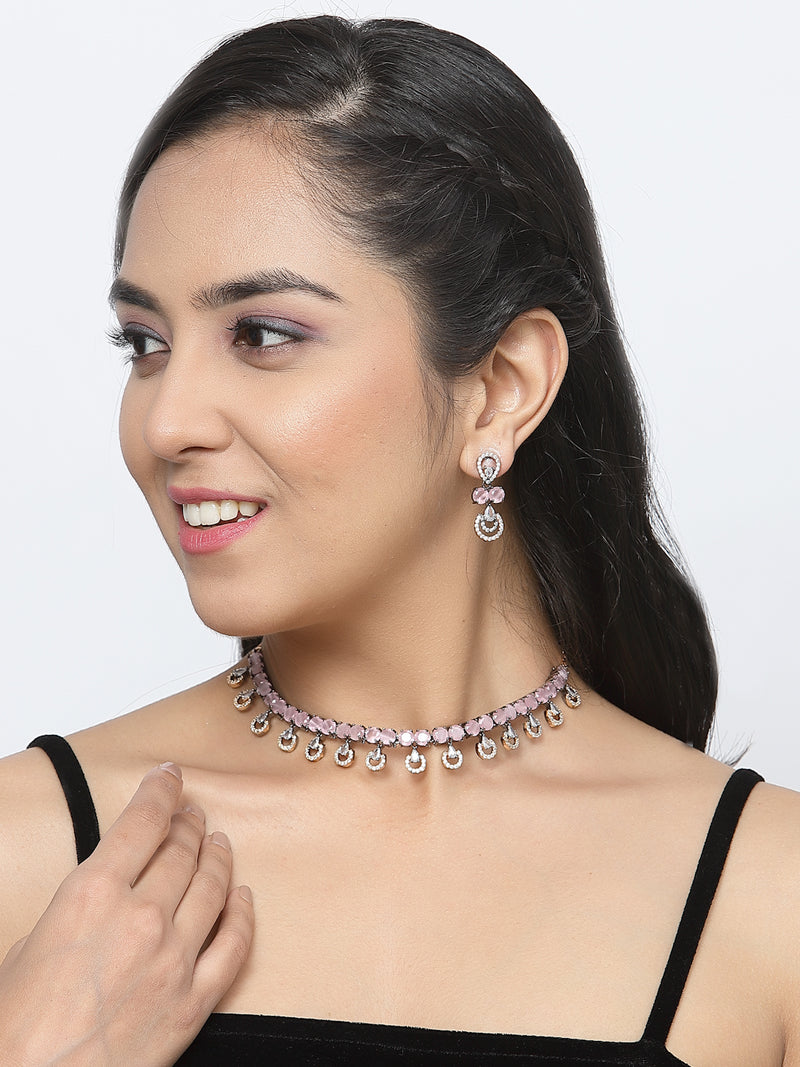 Rose Gold-Plated Gunmetal Toned Pink American Diamonds Studded Contemporary Necklace & Earrings Jewellery Set