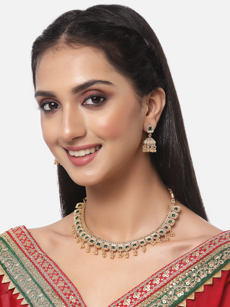 Gold-Plated Green Artificial Stone Studded Antique Necklace with Earrings Jewellery Set