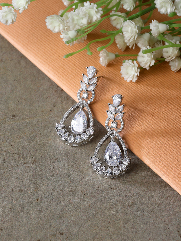 Rhodium-Plated White American Diamond studded Teardrop & Leaf Shaped Drop Earrings