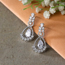 Rhodium Plated Teardrop & Leaf White American Diamond Contemporary Long Drop Earrings