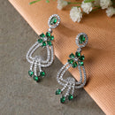Rhodium-Plated Green & White American Diamond studded Floral Shaped Drop Earrings