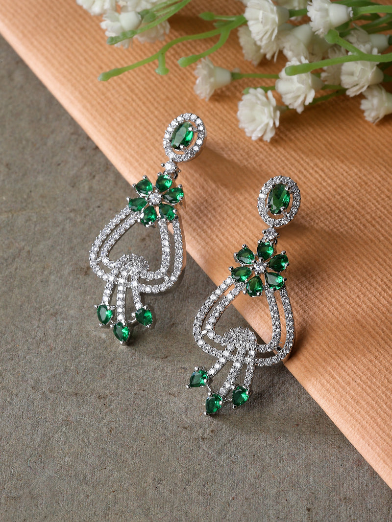 Rhodium-Plated Green & White American Diamond studded Floral Shaped Drop Earrings