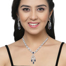 Rhodium-Plated Navy Blue Baguette Teardrops American Diamonds Studded Necklace & Earrings Jewellery Set