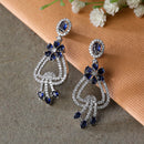 Rhodium-Plated Navy Blue & White American Diamond studded Floral Shaped Drop Earrings