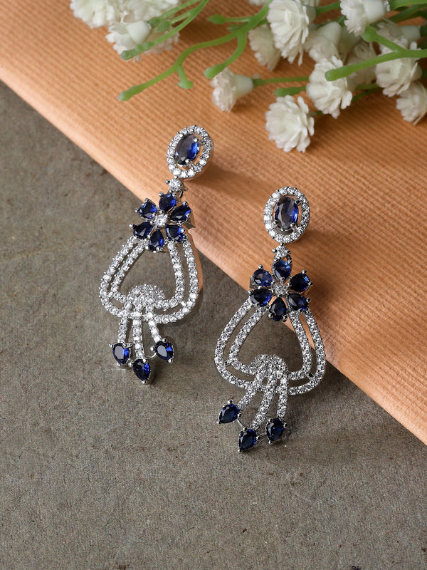 Rhodium-Plated Navy Blue & White American Diamond studded Floral Shaped Drop Earrings