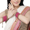 Gold-Plated Pink Matte Finish Velvet American Diamond Studded Gold Pearl Tasselled Bangles Set Of 56