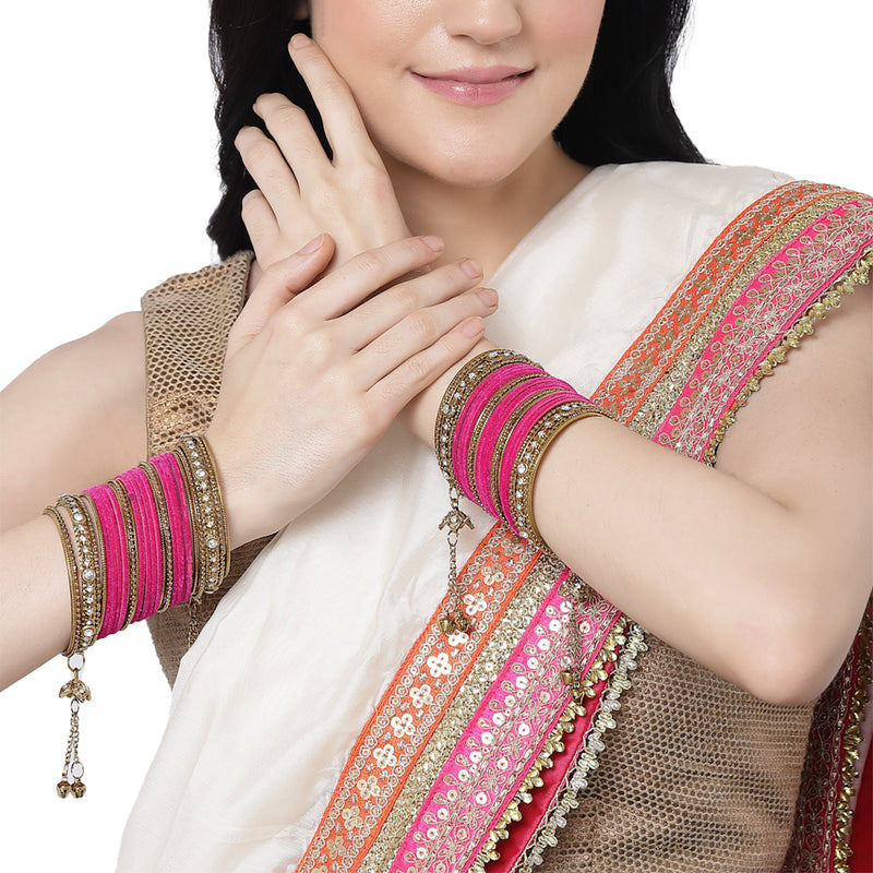 Gold-Plated Pink Matte Finish Velvet American Diamond Studded Gold Pearl Tasselled Bangles Set Of 56