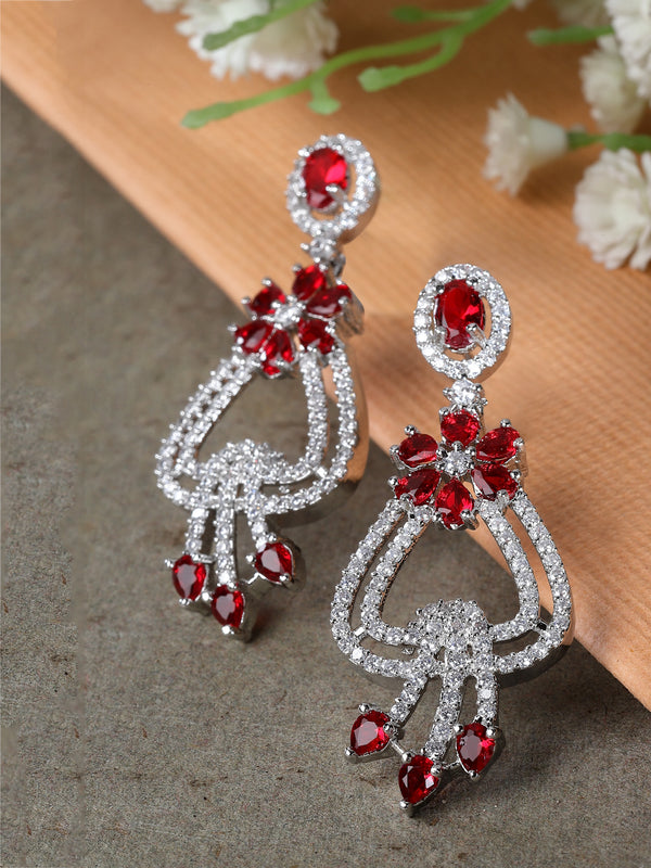 Rhodium-Plated Red & White American Diamond studded Floral Shaped Drop Earrings