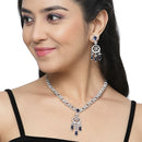 Rhodium-Plated Navy Blue Baguette Teardrops American Diamonds Studded Necklace & Earrings Jewellery Set