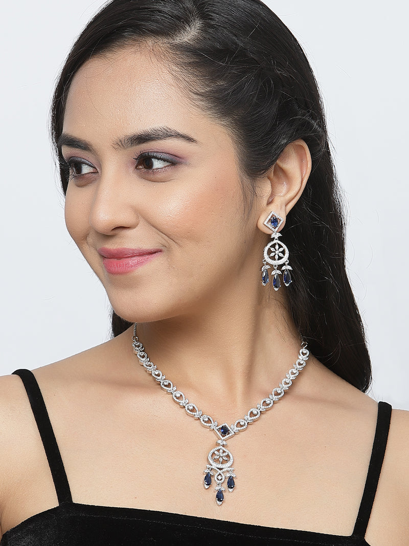 Rhodium-Plated Navy Blue Baguette Teardrops American Diamonds Studded Necklace & Earrings Jewellery Set