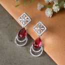 Rhodium-Plated Red American Diamond studded Handcrafted Teardrop Layered Drop Earrings