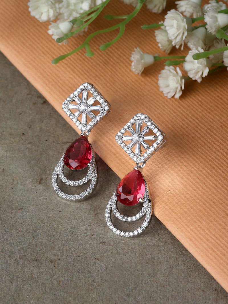 Rhodium-Plated Red American Diamond studded Handcrafted Teardrop Layered Drop Earrings