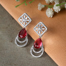 Rhodium Plated Geometric Shape Red American Diamond Contemporary Drop Earrings