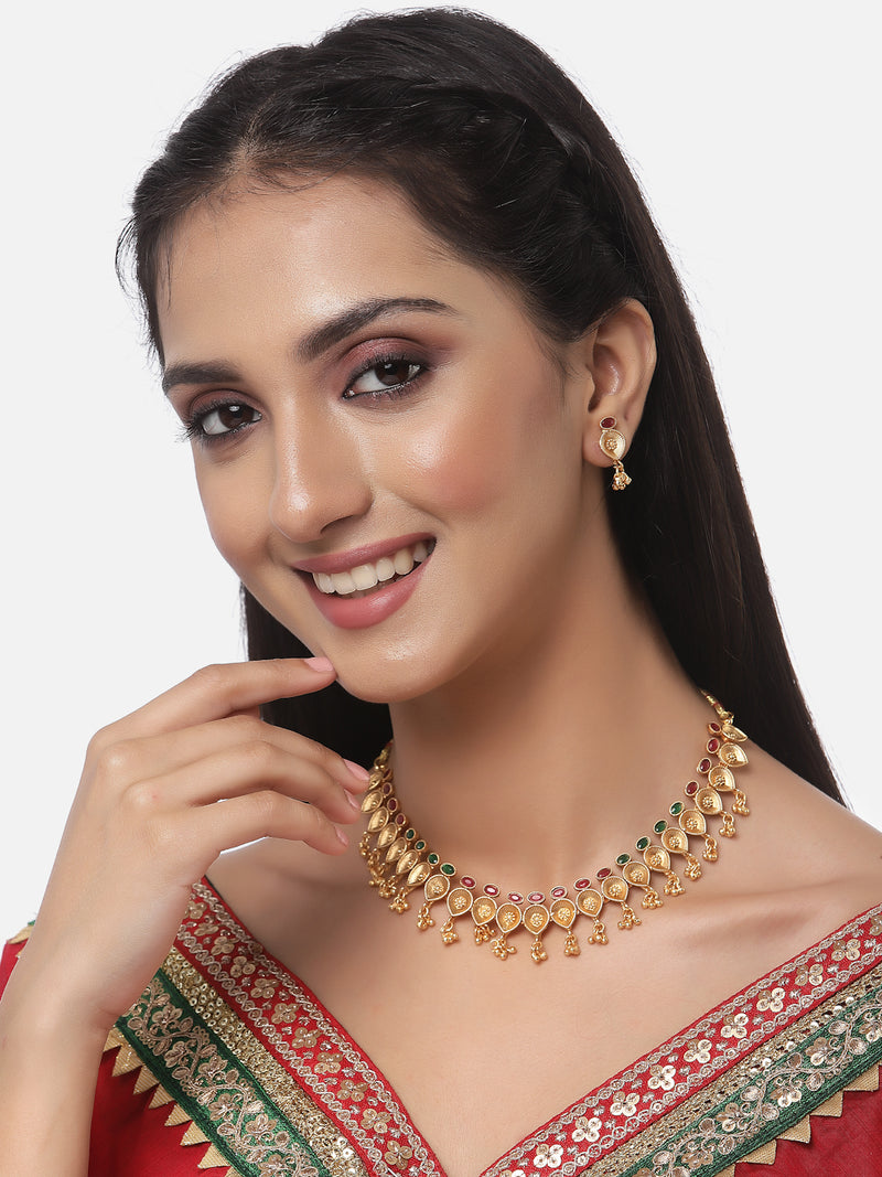 Gold-Plated Green & Red Artificial Stone Studded Antique Necklace with Earrings Jewellery Set