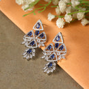Rhodium Plated Elongated Blue American Diamond Contemporary Long Drop Earrings