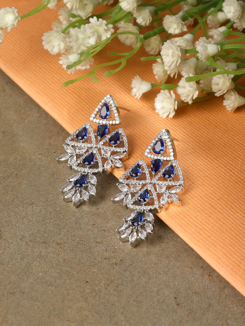 Rhodium-Plated Navy Blue & White American Diamond studded Triangular Shaped Drop Earrings