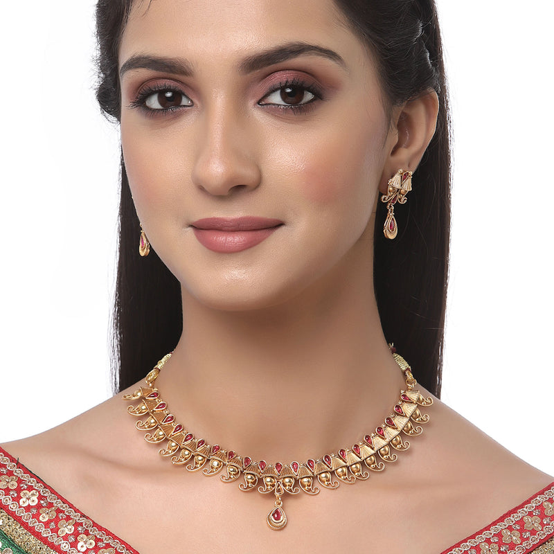 Gold-Plated Red Artificial Stone Studded Antique Necklace with Earrings Jewellery Set