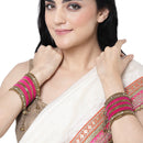 Gold-Plated Pink Matte Finish Velvet American Diamond Studded Gold Pearl Tasselled Bangles Set Of 56