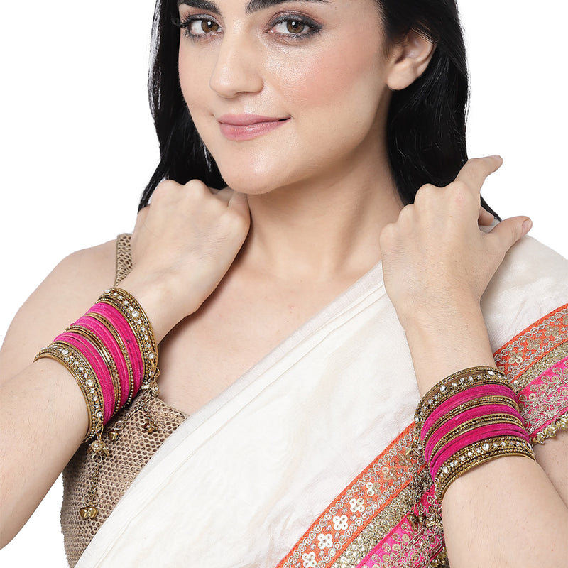 Gold-Plated Pink Matte Finish Velvet American Diamond Studded Gold Pearl Tasselled Bangles Set Of 56