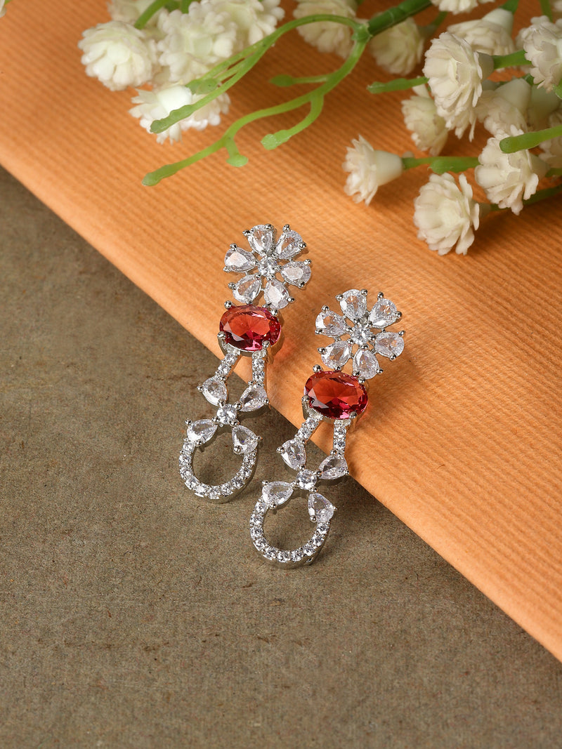 Rhodium-Plated Red American Diamond studded Floral Shaped Drop Earrings