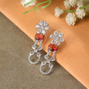 Rhodium-Plated Red American Diamond studded Floral Shaped Drop Earrings