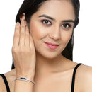 Rhodium-Plated Silver Toned Navy Blue American Diamond Studded Kada Bracelet