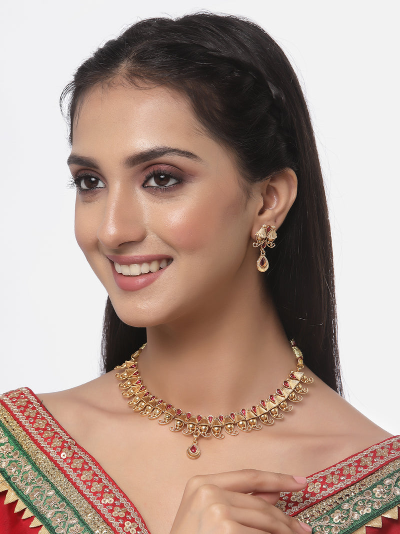Gold-Plated Red Artificial Stone Studded Antique Necklace with Earrings Jewellery Set