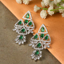 Rhodium Plated Elongated Green American Diamond Contemporary Long Drop Earrings