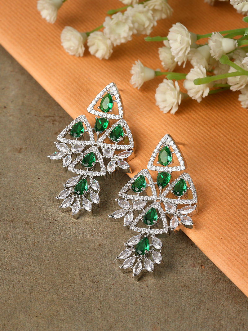 Rhodium-Plated Green & White American Diamond studded Triangular Shaped Drop Earrings