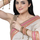 Gold-Plated Peach Matte Finish Velvet AD Studded Gold Pearl Tasselled Bangles Set Of 56