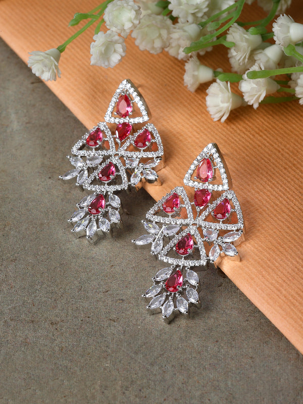Rhodium-Plated Red & White American Diamond studded Triangular Shaped Drop Earrings