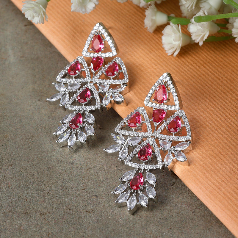 Rhodium-Plated Red & White American Diamond studded Triangular Shaped Drop Earrings