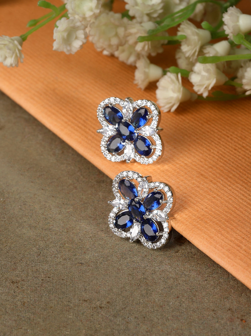 Rhodium-Plated Navy Blue American Diamond studded Floral Shaped Stud Earrings