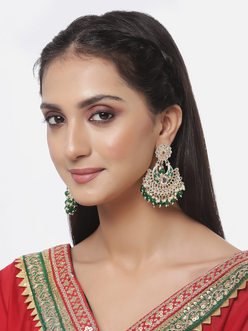 Gold-Plated Green & White Kundan studded Crescent Shaped Chandbali Earrings