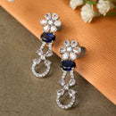 Rhodium-Plated Navy Blue American Diamond studded Floral Shaped Drop Earrings