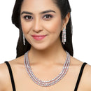 Rhodium-Plated Pink American Diamond Studded Layered Necklace & Earrings Jewellery Set