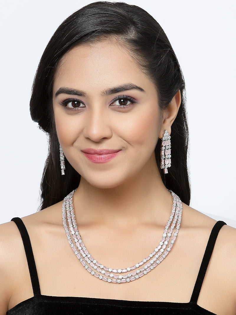 Rhodium-Plated Pink American Diamond Studded Layered Necklace & Earrings Jewellery Set