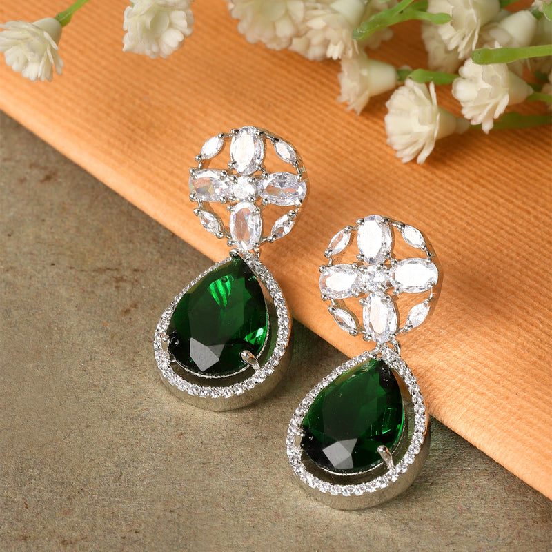Rhodium-Plated Green & White American Diamond studded Teardrop & Floral Shaped Drop Earrings