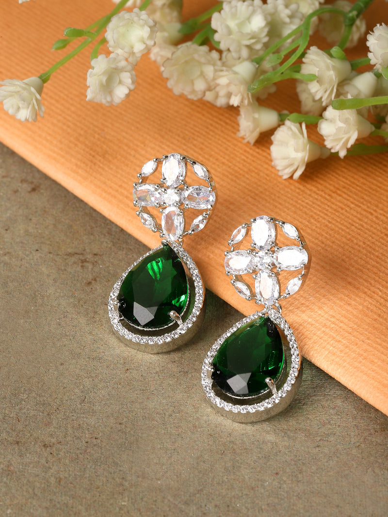 Rhodium-Plated Green & White American Diamond studded Teardrop & Floral Shaped Drop Earrings