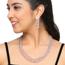 Rhodium-Plated Pink American Diamond Studded Layered Necklace & Earrings Jewellery Set