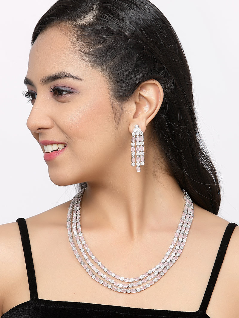 Rhodium-Plated Pink American Diamond Studded Layered Necklace & Earrings Jewellery Set