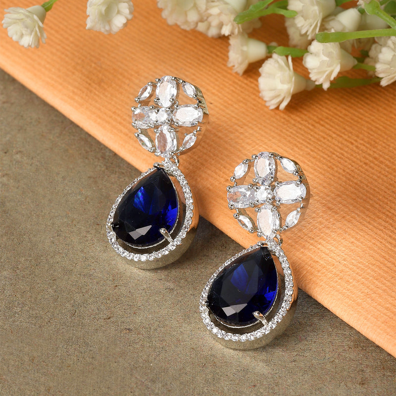 Rhodium-Plated Navy Blue & White American Diamond studded Teardrop & Floral Shaped Drop Earrings