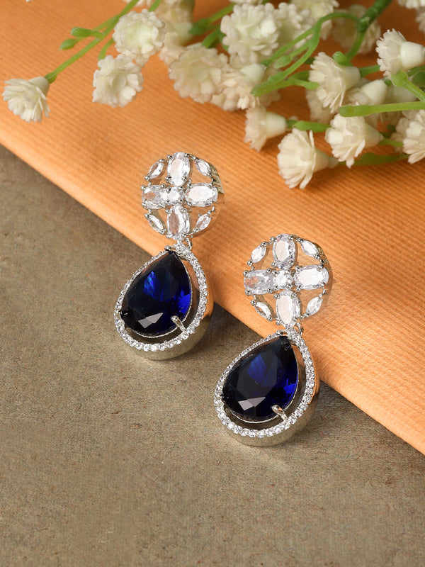 Rhodium-Plated Navy Blue & White American Diamond studded Teardrop & Floral Shaped Drop Earrings