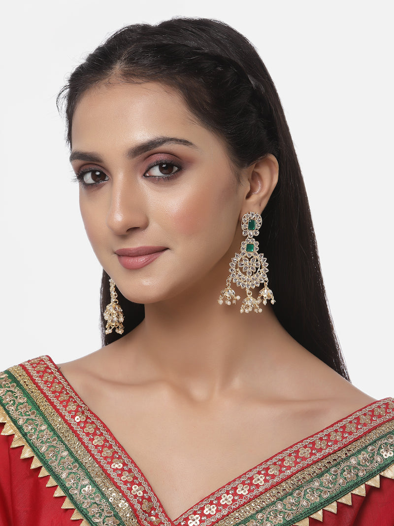 Gold-Plated Green & White Kundan studded Contemporary Jhumka Earrings