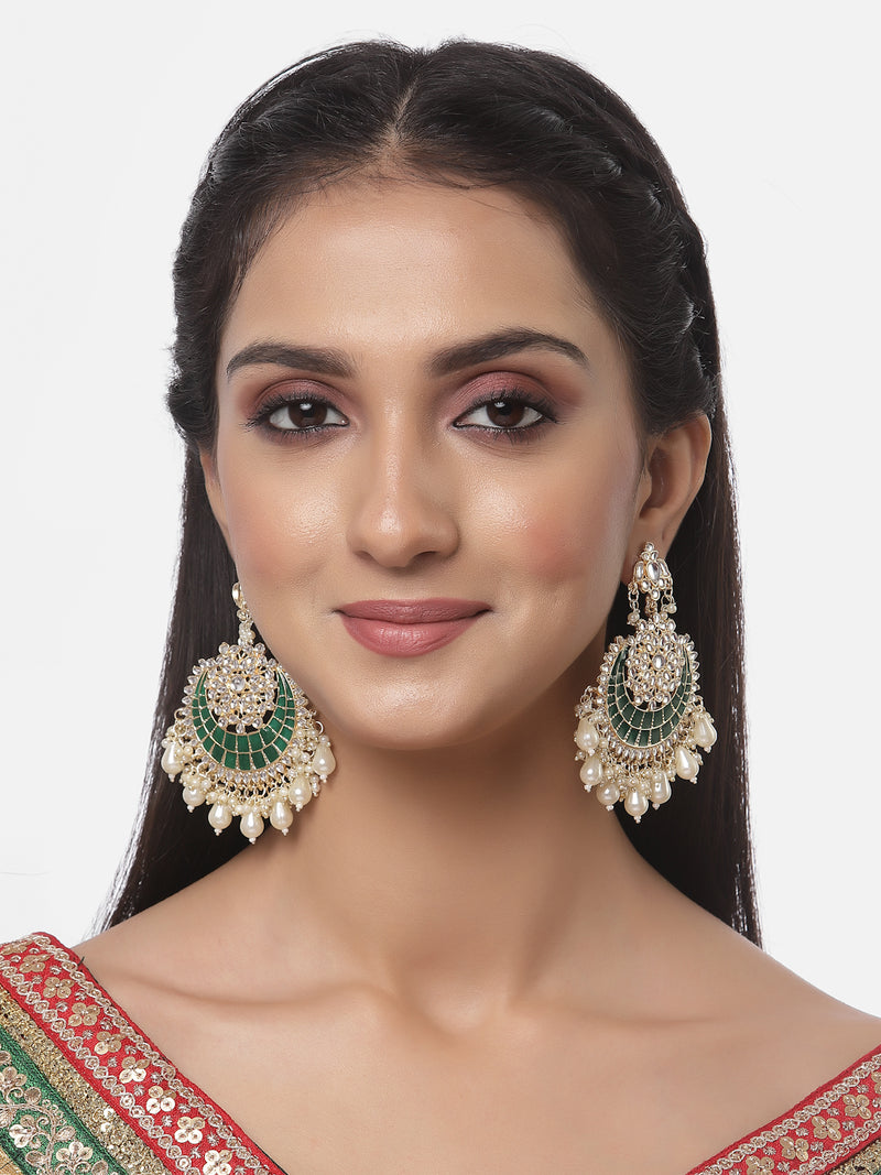 Gold-Plated Kundan studded Green & Off-White Crescent Shaped Chandbali Earrings