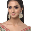Gold-Plated Sea Green & White Kundan studded Crescent Shaped Drop Earrings